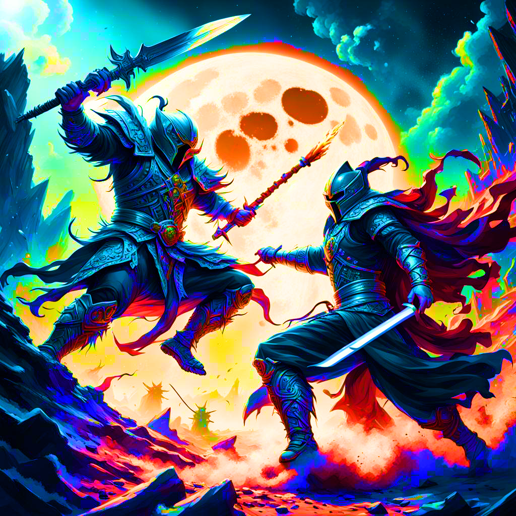 two guys fighting everything is super vibrant colors. Image is Link to description